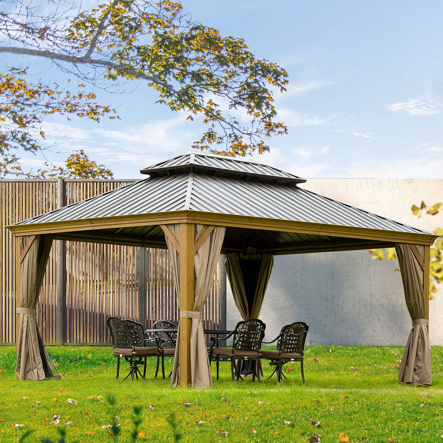 Domi Outdoor Living 12'x14' Hardtop Gazebo, Wooden Coated Aluminum Frame Canopy with Galvanized Steel Double Roof, Outdoor Permanent Metal Pavilion with Curtains and Netting for Patio, Deck and Lawn
