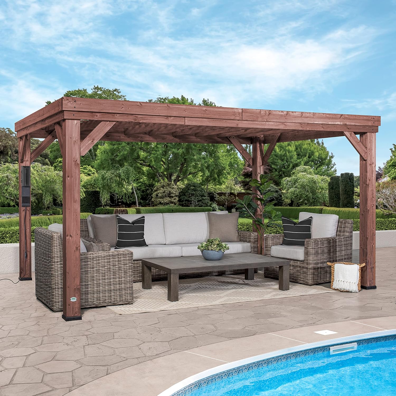 Backyard Discovery Brockton 14' x 10' Modern Cedar Wood Pergola Kit with All-Season Durability, High-Wind Rating, Concrete Anchors, PowerPort, Shade for Outdoor Patio, Deck, Garden, and Entertaining