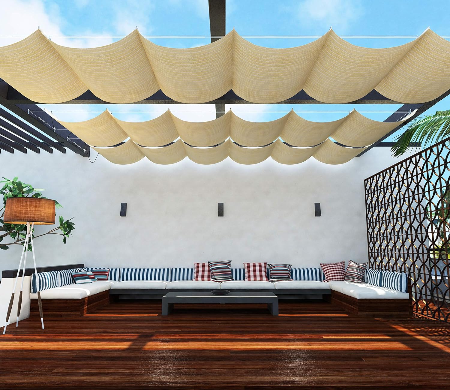 TANG 4' x 16' Pergola Cover Shade Canopy, Retractable Awning Sun Shades Outdoor Patio Pergolas Kit for Deck Backyard Gazebo, Wave Shade Sail with Hardware Wire Cable, Beige