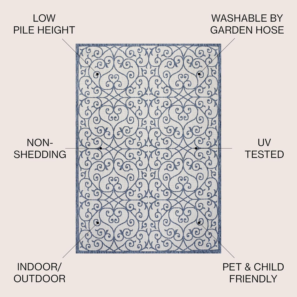 JONATHAN Y Vintage Filigree Indoor Outdoor Area Rug 9X12 Blue/Cream, Madrid Textured Weave for Backyard, Patio, Porch, Easy-Cleaning, High Traffic, Pet-Friendly, Non-Shedding (SMB107F-9)