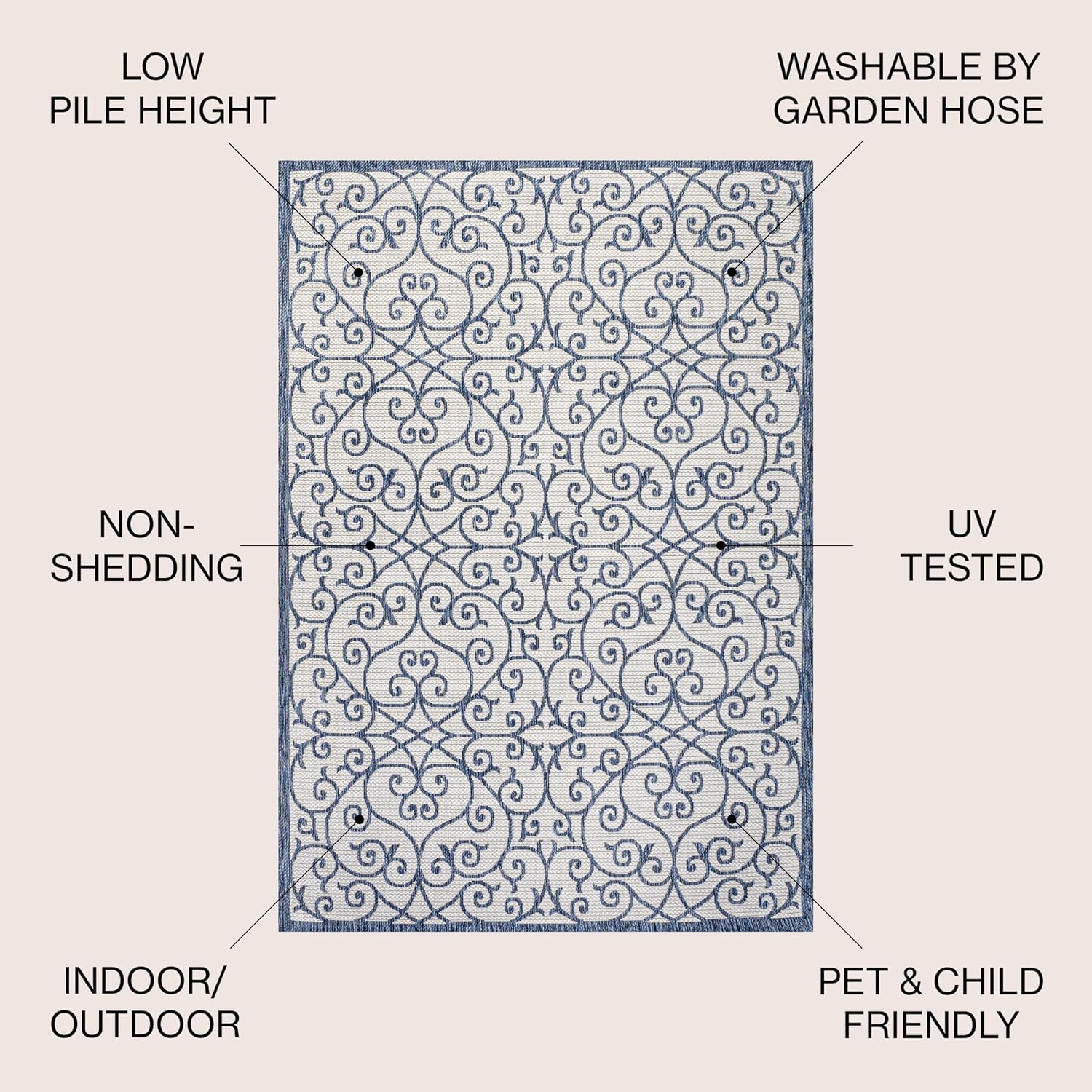 JONATHAN Y Vintage Filigree Indoor Outdoor Area Rug 4X6 Blue/Cream, Madrid Textured Weave for Backyard, Patio, Porch, Easy-Cleaning, High Traffic, Pet-Friendly, Non-Shedding (SMB107F-4)