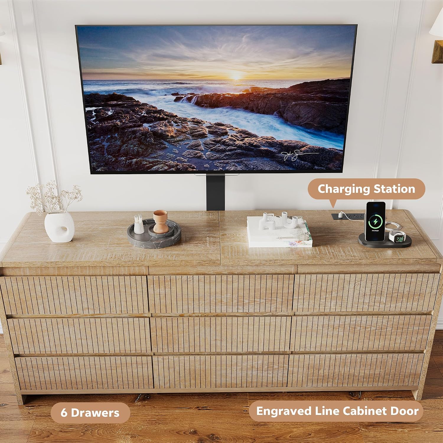 9 Drawer TV Stand with Mount, 63 Inch Entertainment Center w/Power Outlet & Curved Corner, Media Console w/Wooden Drawers for Living Room Bedroom, TV Mount Suitable for 26''-75'' TVs, Natural