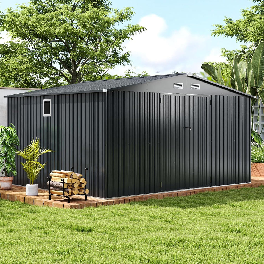 Goplus 12 x 9.8 FT Outdoor Storage Shed, All-Weather & Rustproof Galvanized Metal Utility Tool Shed w/Lockable Door, Pitched Roof, Windows, Backyard Lawn Garden Storage House for Bike Tool Lawnmower