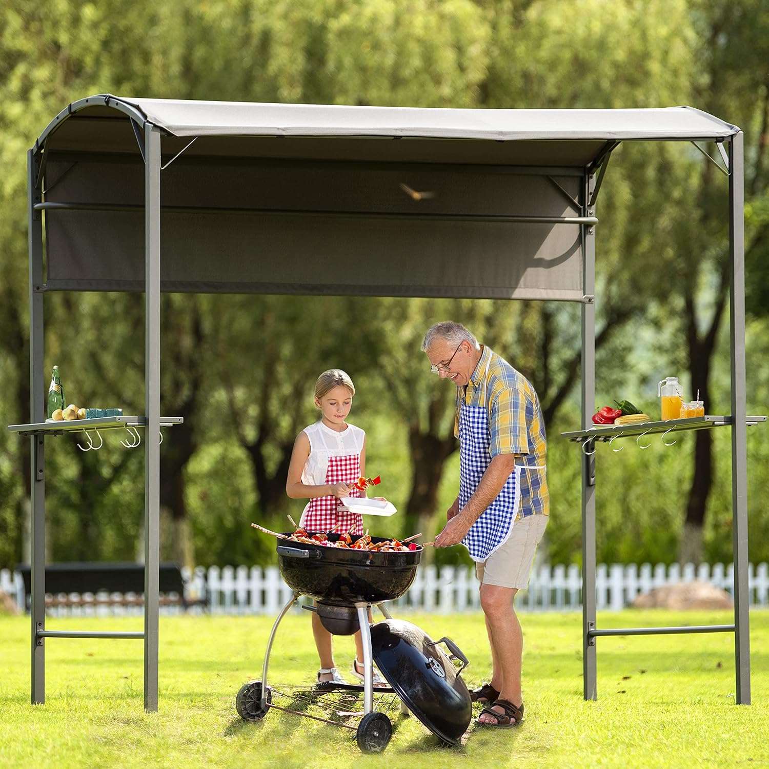 Outdoor 7Ft.Wx4.5Ft.L Iron Double Tiered Backyard Patio BBQ Grill Gazebo with Side Awning, Bar Counters and Hooks, Gray