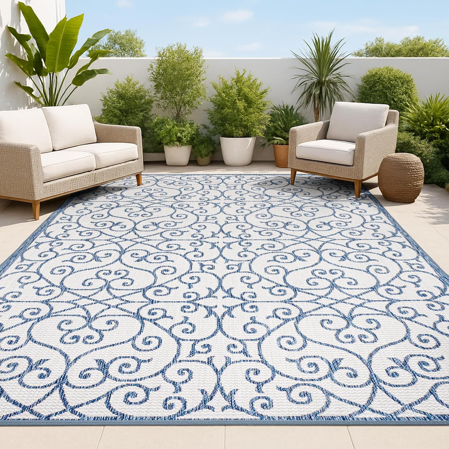 JONATHAN Y Vintage Filigree Indoor Outdoor Area Rug 9X12 Blue/Cream, Madrid Textured Weave for Backyard, Patio, Porch, Easy-Cleaning, High Traffic, Pet-Friendly, Non-Shedding (SMB107F-9)