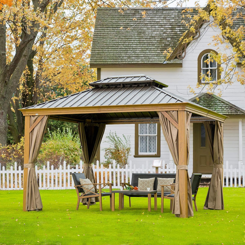 Domi Outdoor Living 10'x12' Hardtop Gazebo, Wooden Coated Aluminum Frame Canopy with Galvanized Steel Double Roof, Outdoor Permanent Metal Pavilion with Curtains and Netting for Patio, Deck and Lawn