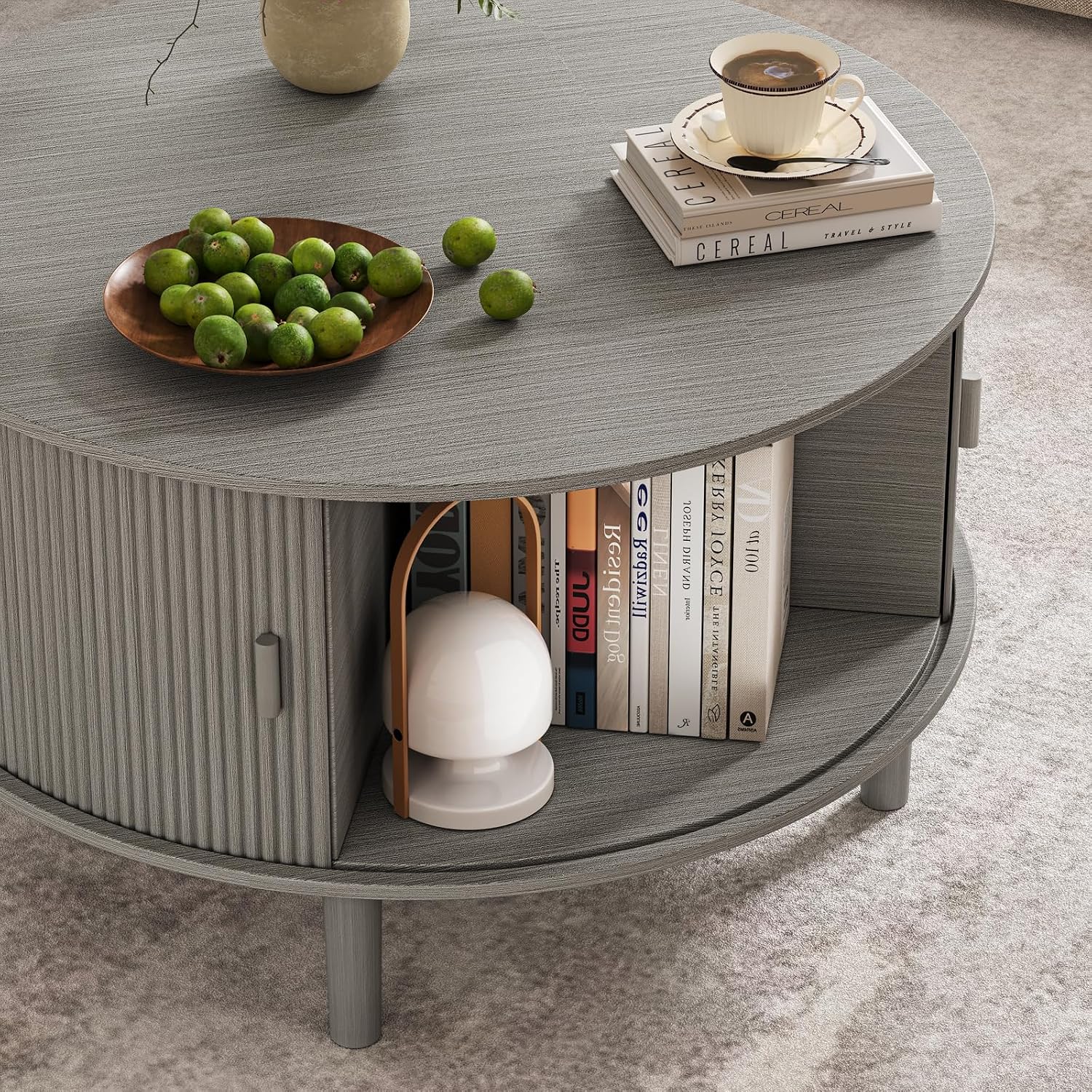 Coffee Table and TV Stand Set of 2, Round Center Table with Storage, Fluted Coffee Table with 360° Sliding Doors, 86.6' Entertainment Center for Bedroom, Living Room, Grey