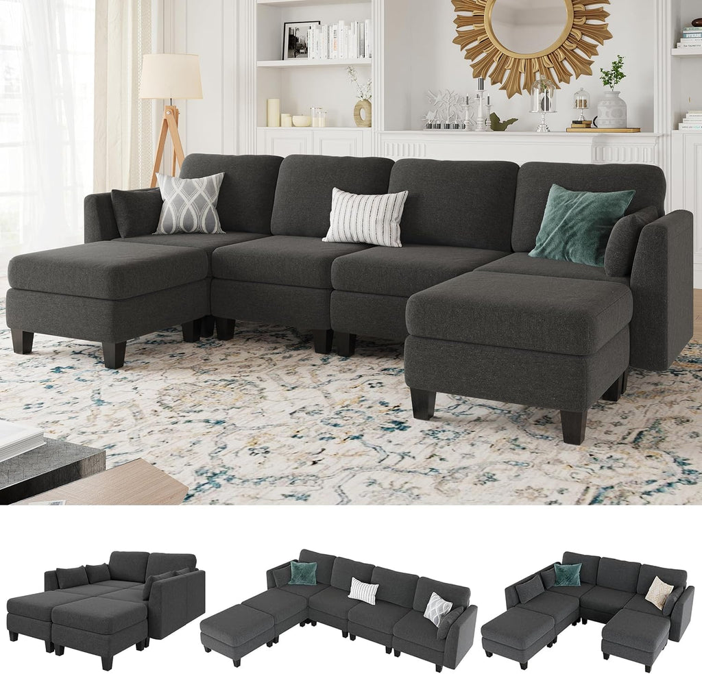 Modular Sectional Sofa, 6 Seaters Modular Sleeper Sofa Couch, Comfy Sectionals Couches Bed, Convertible Sofas with Ottomans, Sectional Couches for Living Room, Dark Grey