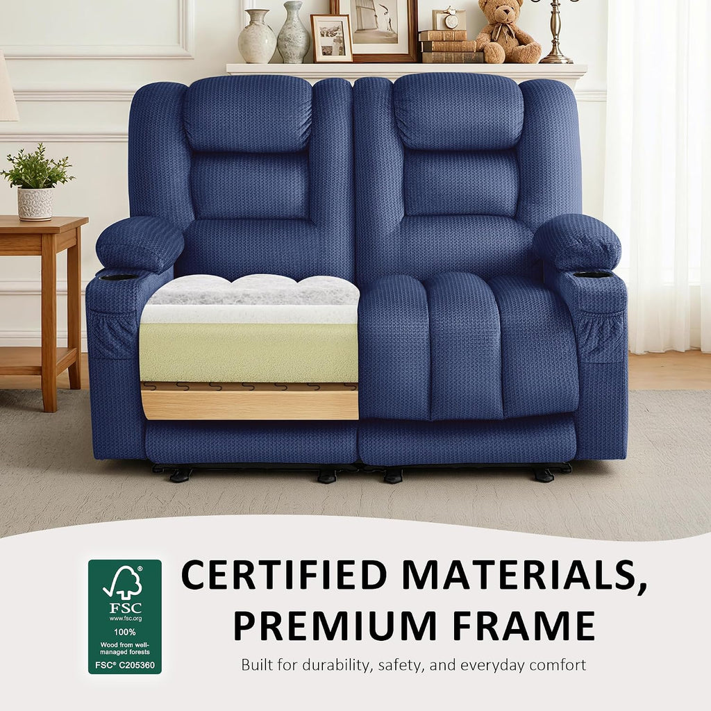 MCombo 55.9' Zero Gravity Power Loveseat Recliner with Heat and Vibration Massage, Reclining Loveseat Sofa with USB Ports, Cup Holders for Living Room, Fabric PR648SET (Navy Blue)