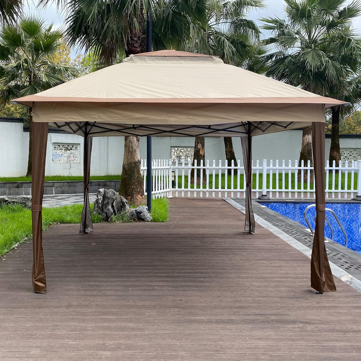 11x11 Ft Pop Up Gazebo with Removable Zipper Netting, Outdoor Gazebo Tent with Double Roof & Height Adjustable Leg, Easy Up Canopy Tent with Carry Bag for Backyard, Deck, Patio Shade (Beige)