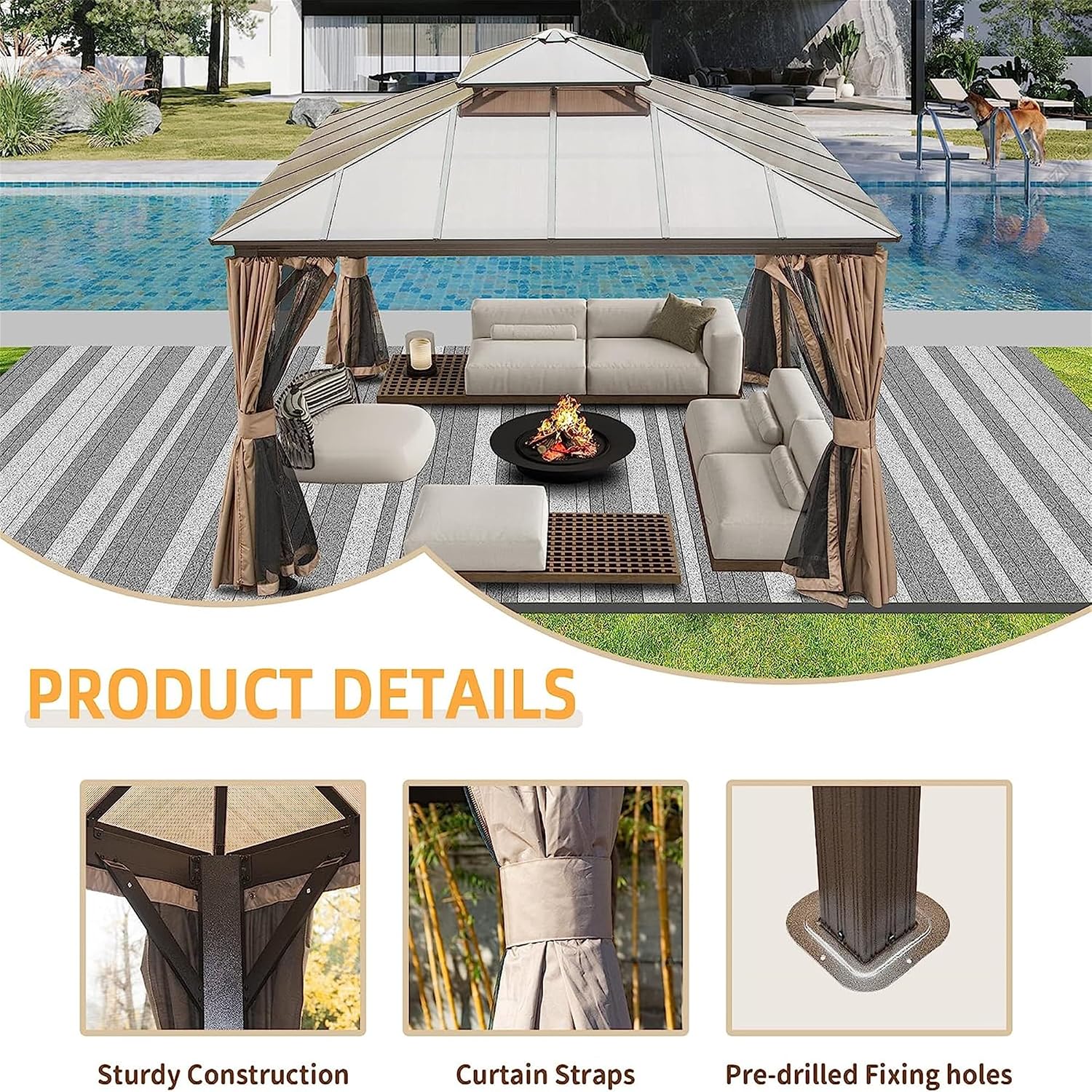 12'x12' Hardtop Gazebo, Pent Outdoor Gazebo with Polycarbonate Double Roof, Aluminum Gazebo Pavilion with Curtain and Net for Garden, Patio, Lawns, Deck, Backyard(Brown)