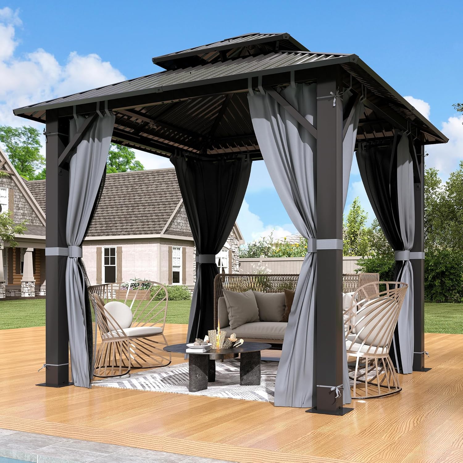 8.5'x8.5' Hardtop Gazebo, Heavy Duty Double Roof Galvanized Aluminum gazebos with Netting & Curtain, Outdoor Patio Gazebo for Patio, Backyard, Deck, Lawn (8.5x8.5 FT)