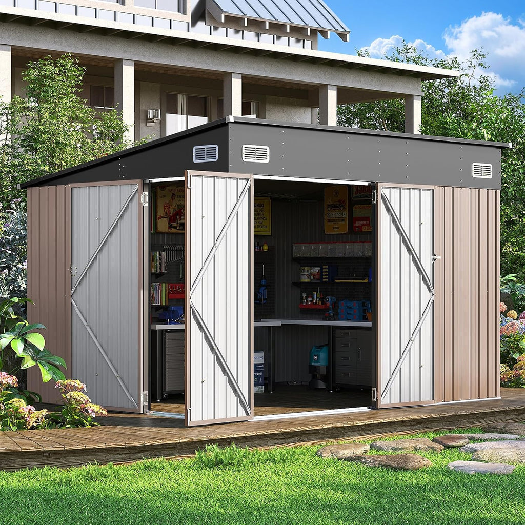 9.5' x 7.5' Outdoor Metal Storage Shed with Sloping Roof & Triple Lockable Doors for Tools, Bicycles, Garden & Patio (Brown)