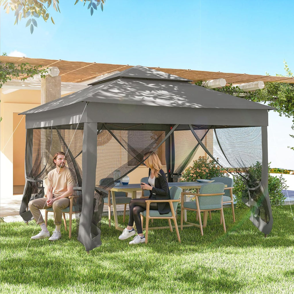 Outsunny 11' x 11' Pop Up Canopy, Outdoor Patio Gazebo Shelter with Removable Zipper Netting, Instant Event Tent w/ 114 Square Feet of Shade and Carry Bag for Backyard, Garden, Dark Gray