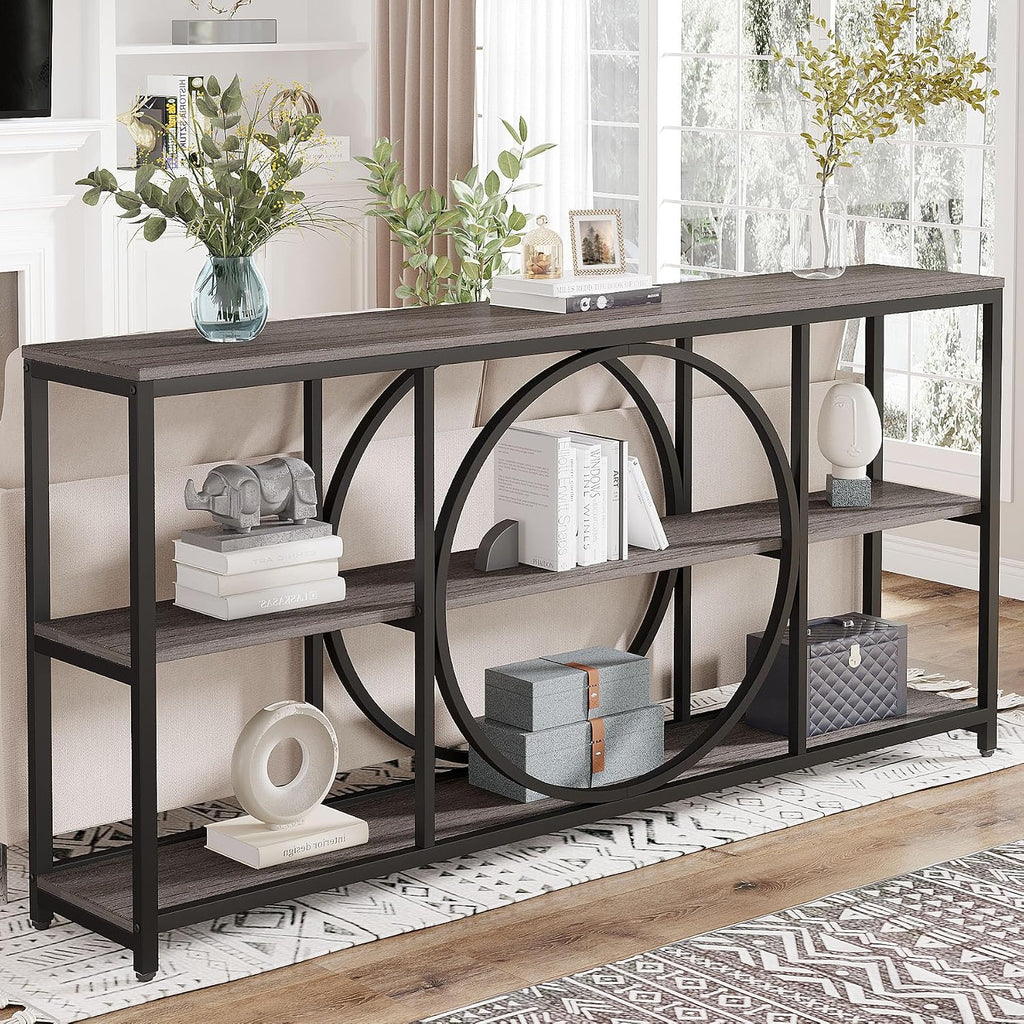 Tribesigns 70.9 inch Sofa Console Table, Extra Long Narrow Entryway Tables with 3 Tier Wood Storage Shelves Metal Frame for Foyer Hallway Living Room Behind Couch, Black Rustic Gray