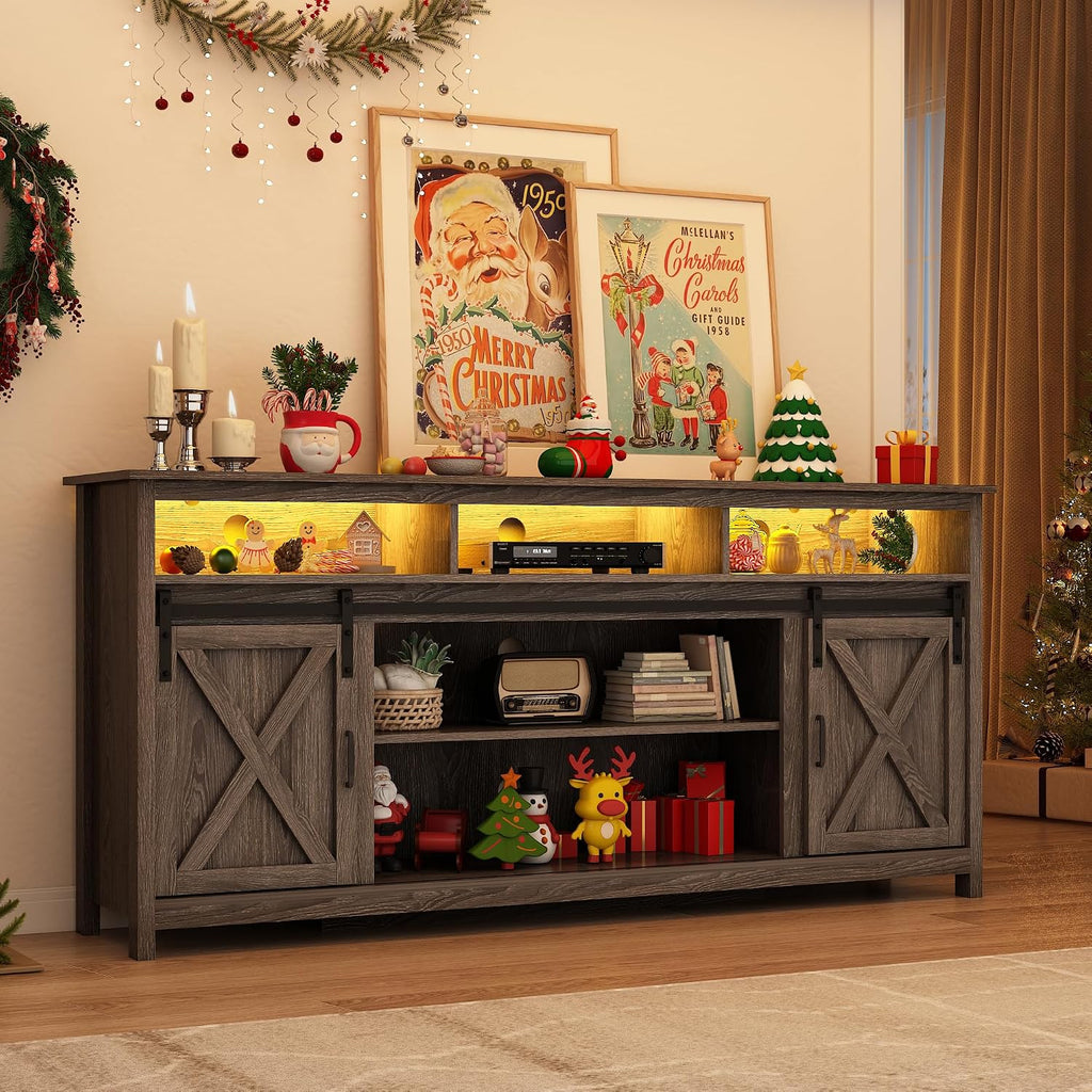 70' LED Farmhouse TV Stand for 80/75/70 Inch TVs, Tall Entertainment Center Storage Cabinets w/Power Outlets and Sliding Barn Door, Rustic Living Room Media Console Cabinet (Charcoal)