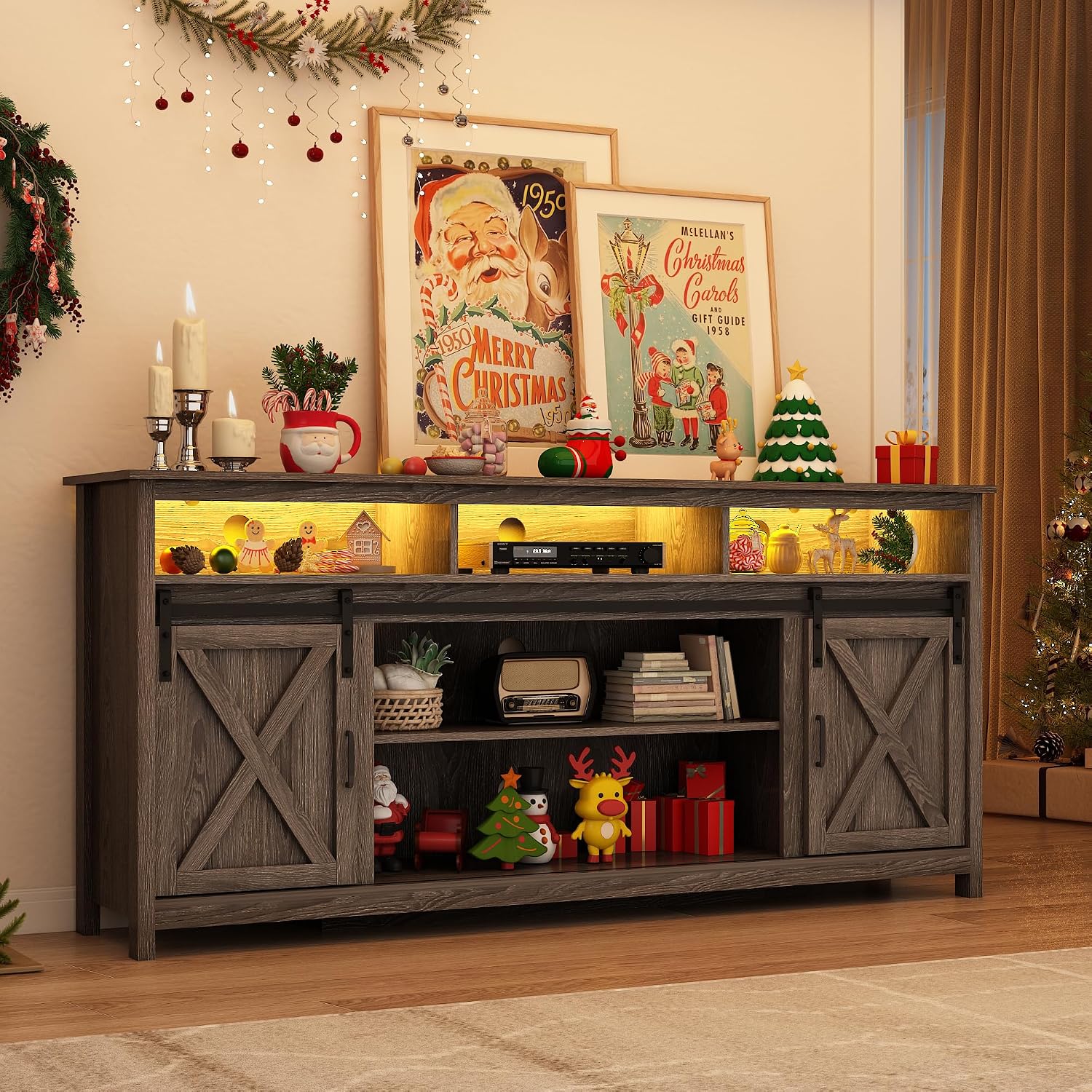 70' LED Farmhouse TV Stand for 80/75/70 Inch TVs, Tall Entertainment Center Storage Cabinets w/Power Outlets and Sliding Barn Door, Rustic Living Room Media Console Cabinet (Charcoal)