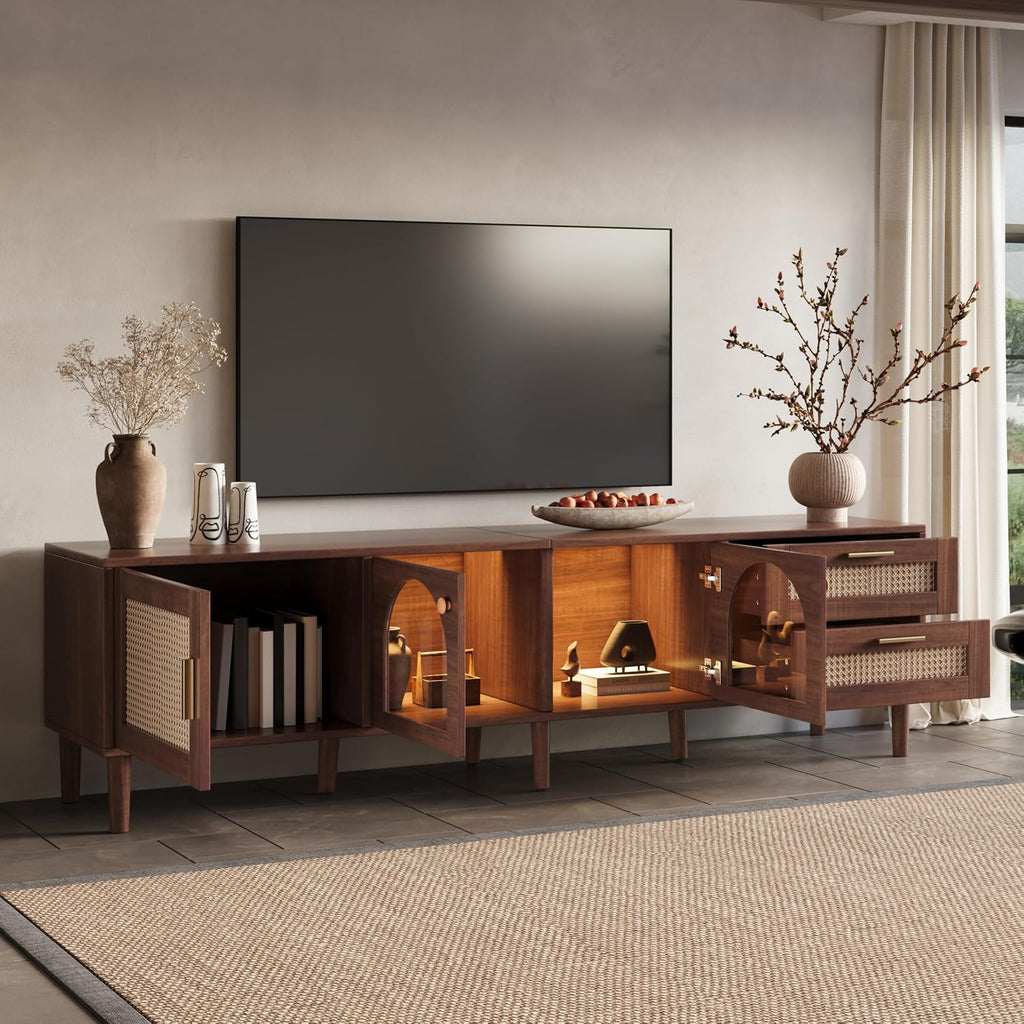 Merax Rattan TV Stand with LED Lights, 70' Entertainment Center with 3 Cabinets & 2 Drawers Media Console Table for TVs Up to 80', Solid Wood Feet, Living Room, Bedroom Furniture