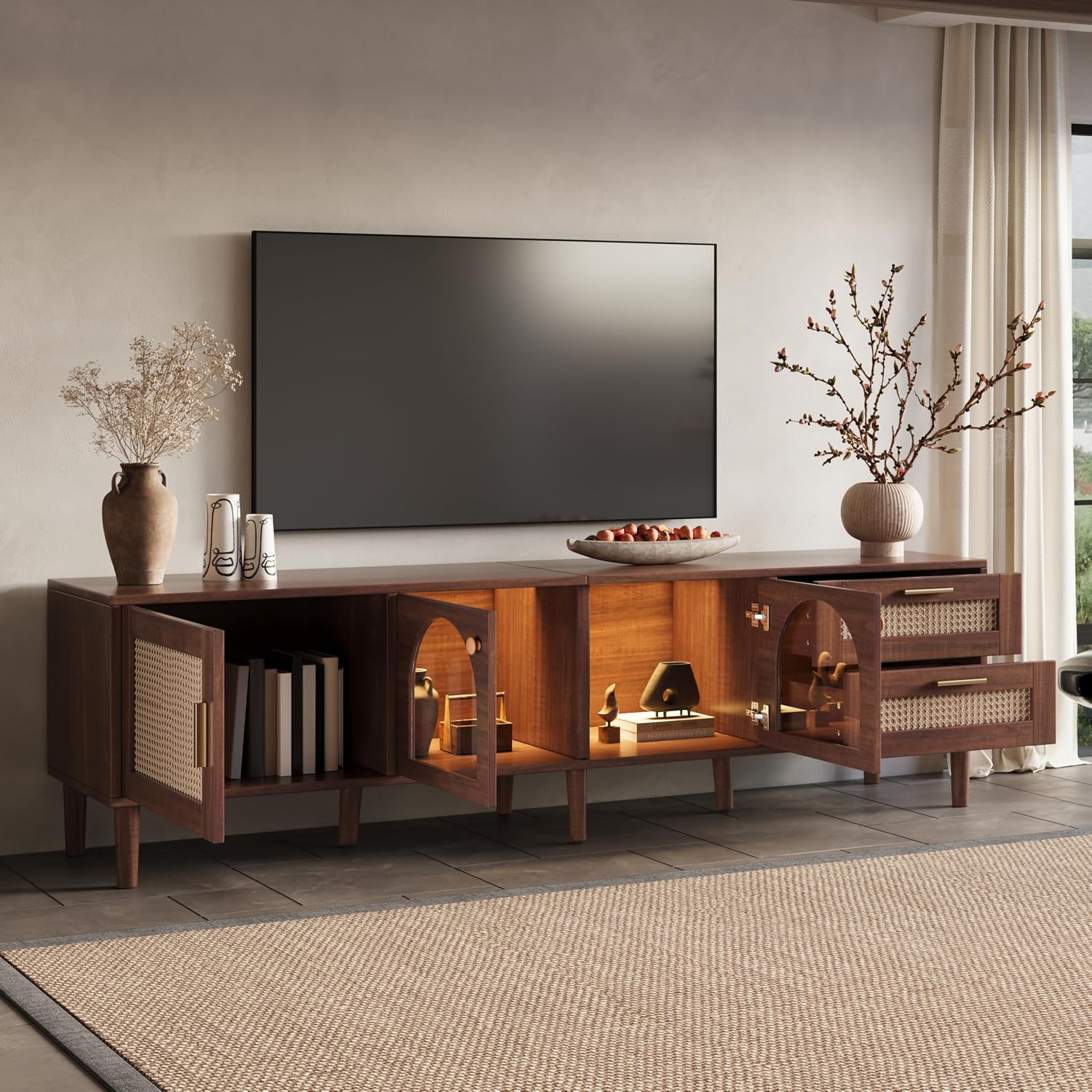 Merax Rattan TV Stand with LED Lights, 70' Entertainment Center with 3 Cabinets & 2 Drawers Media Console Table for TVs Up to 80', Solid Wood Feet, Living Room, Bedroom Furniture