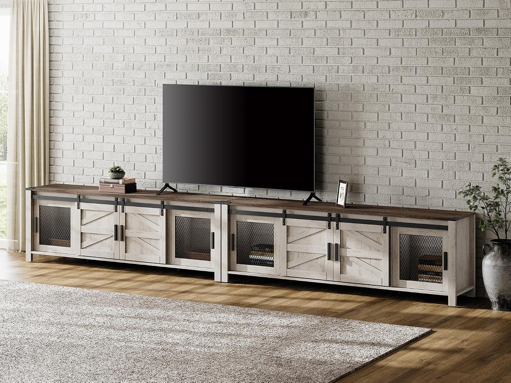 WAMPAT 70' Farmhouse TV Stand with Mesh Doors, Entertainment Center for 75' TV, Adjustable Shelves, 2 Storage Cabinets, Console Table for Living Room, Rustic Oak and White