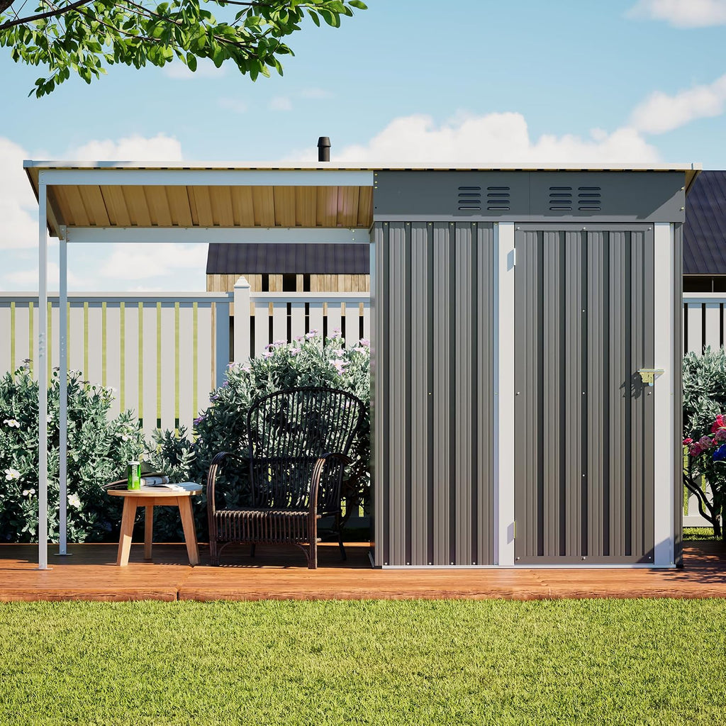YOPTO 5×3 FT Outdoor Storage Shed & Gazebo Combo,Lean to Metal Tool Shed with Open Pergola,All-Weather 2-in-1 Garden Shed & Gazebo W/Sloping Roof and Lockable Door,for Backyard,Patio,Lawn(Gray)