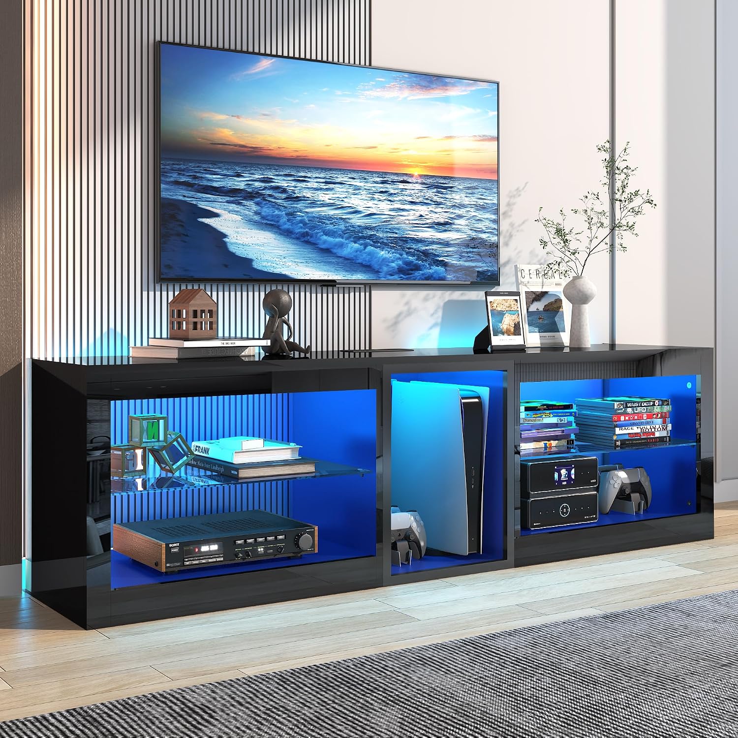 Vinctik 6&Fox LED TV Stands w/Power Outlet,60,00-Colors Lighting for 60 65in TV, 55' Modern High Gloss Entertainment Center,TV Console W/Adjustable Glass Shelves for Living Room Game Bedroom (Black)