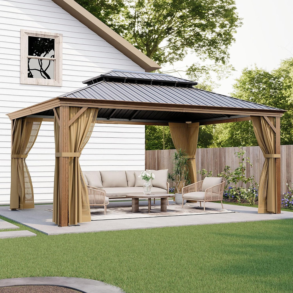 HOMPUS 12X16FT Hardtop Gazebo, Double Roof Gazebo with Galvanized Steel, Outdoor Metal Gazebos, Heavy Duty Canopy with Netting & Curtains, Patio Pavilion for Backyard, Garden, Deck, Drak Walnut