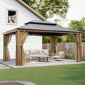 HOMPUS 12X16FT Hardtop Gazebo, Double Roof Gazebo with Galvanized Steel, Outdoor Metal Gazebos, Heavy Duty Canopy with Netting & Curtains, Patio Pavilion for Backyard, Garden, Deck, Drak Walnut