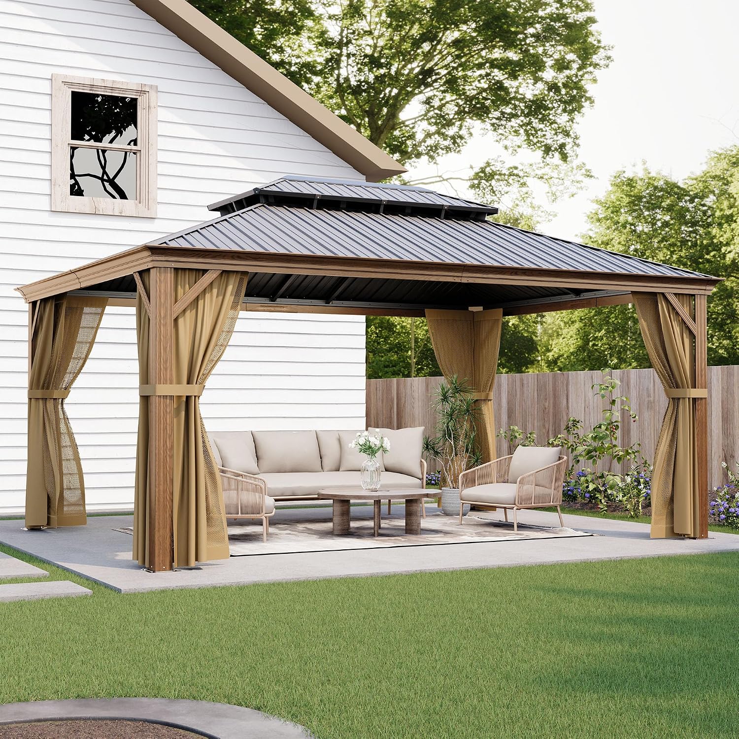 HOMPUS 12X16FT Hardtop Gazebo, Double Roof Gazebo with Galvanized Steel, Outdoor Metal Gazebos, Heavy Duty Canopy with Netting & Curtains, Patio Pavilion for Backyard, Garden, Deck, Drak Walnut