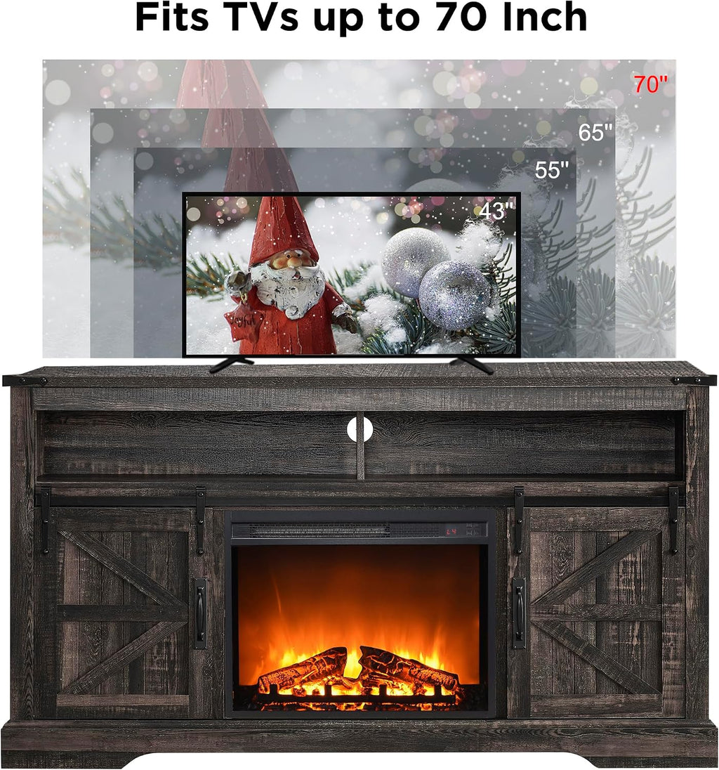 OKD Fireplace TV Stand for 65+ Inch TV, 33' Tall Highboy Farmhouse Entertainment Center w/ 23'' Electric Fireplace, Rustic Media Console w/Sliding Barn Door for Living Room, Dark Rustic Oak