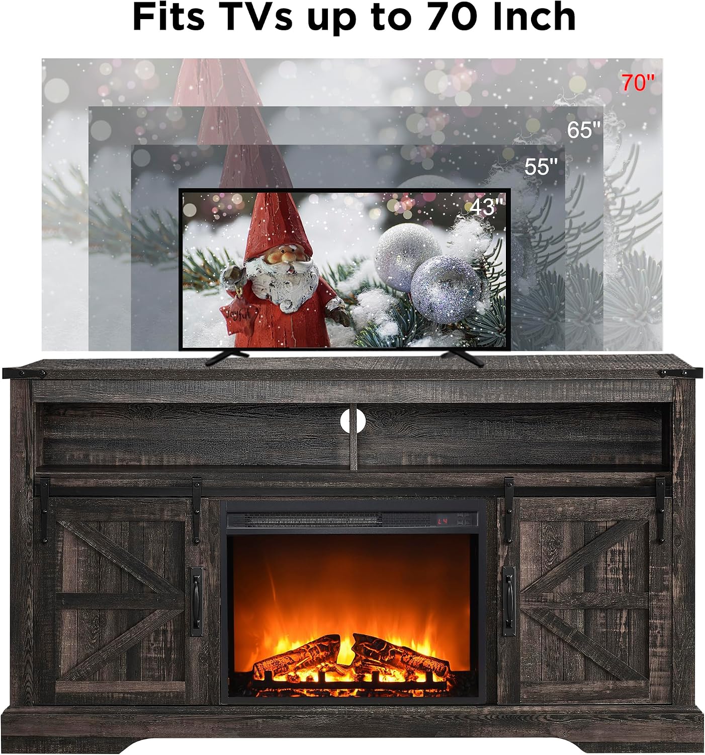 OKD Fireplace TV Stand for 65+ Inch TV, 33' Tall Highboy Farmhouse Entertainment Center w/ 23'' Electric Fireplace, Rustic Media Console w/Sliding Barn Door for Living Room, Dark Rustic Oak