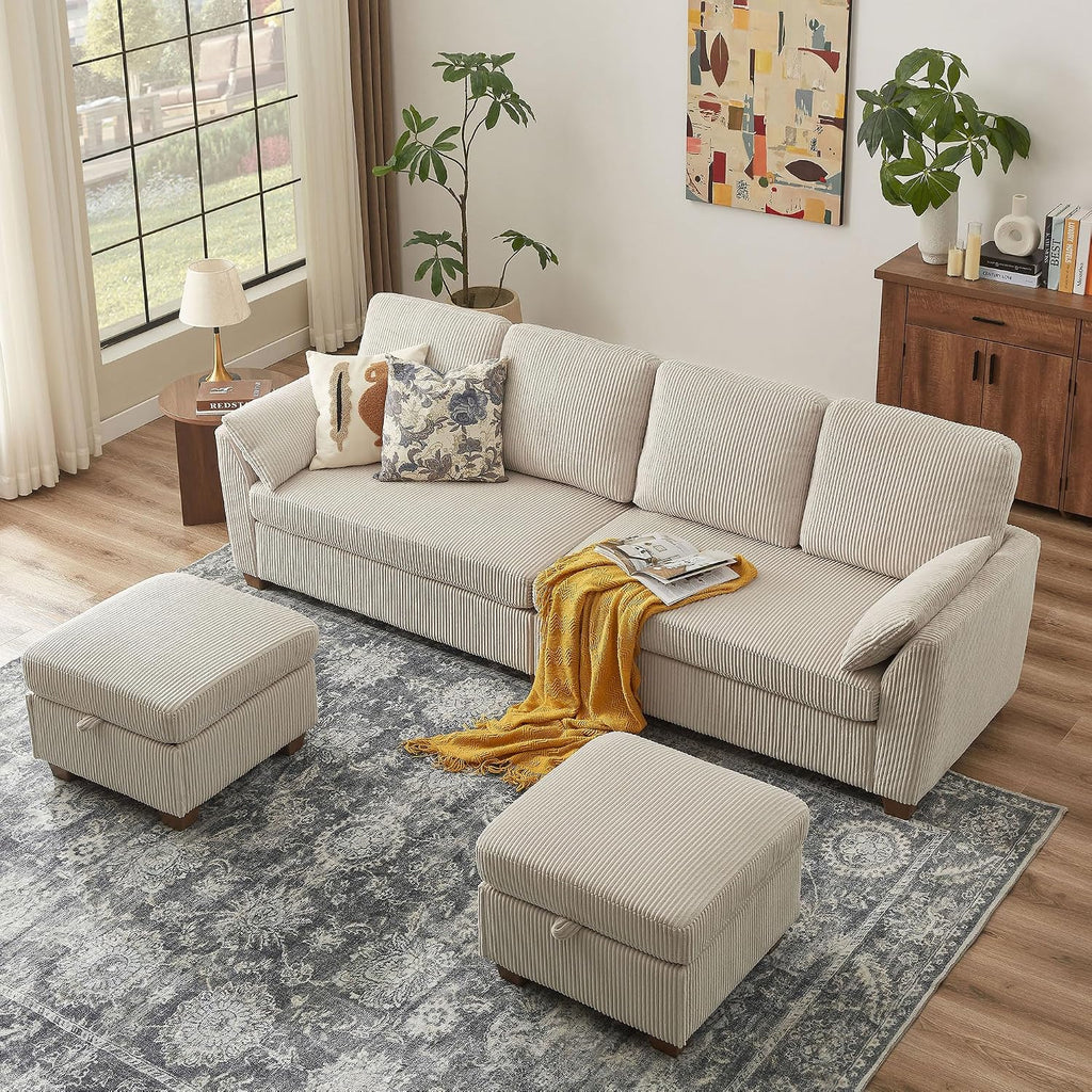 102' Convertible Sectional Sofa, 4-Seat U Shaped Couch with Storage Chaise Lounge, Modern Corduroy Fabric Sectional Couches for Living Room, Beige