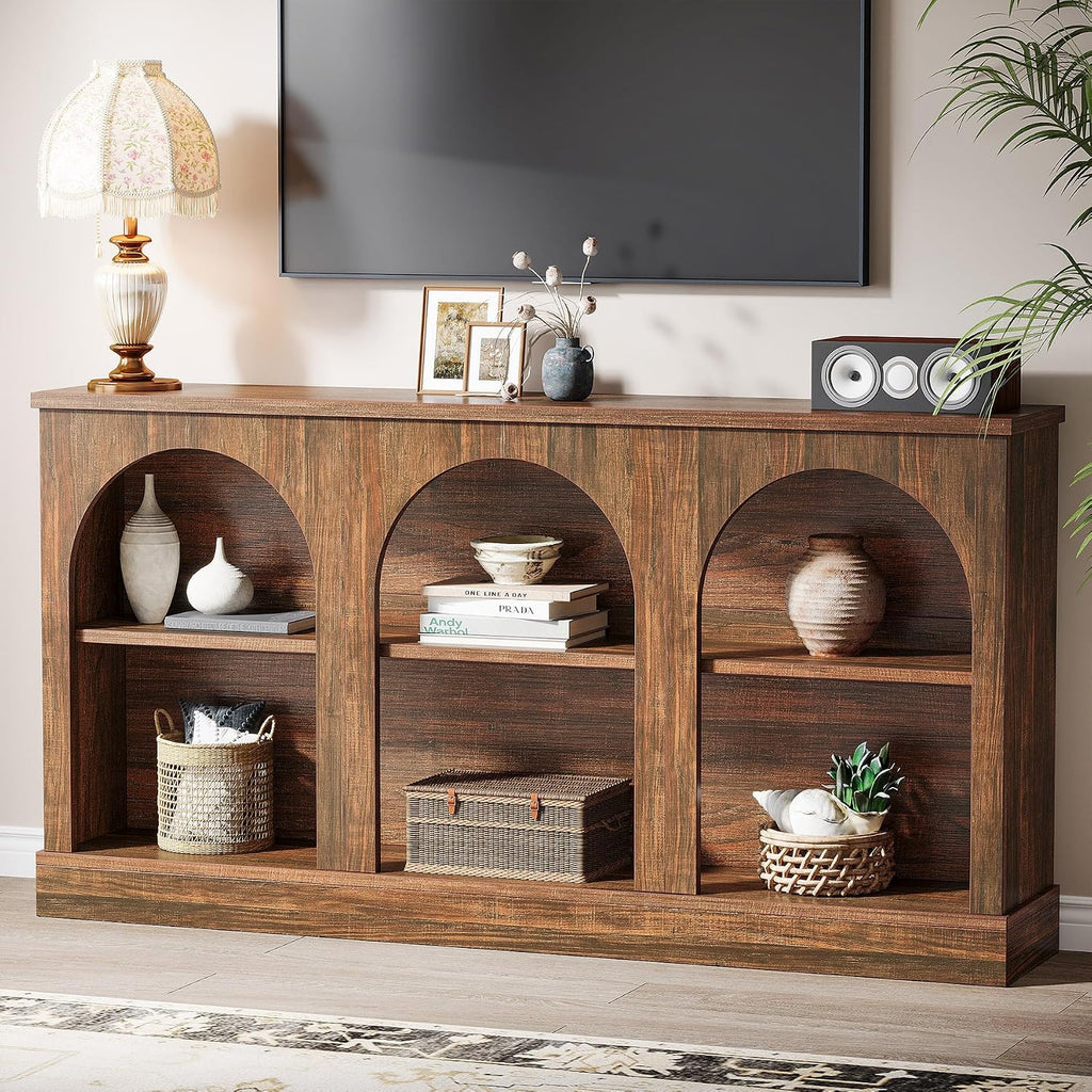 Tribesigns Farmhouse Console Table, 63-Inch Long 3 Tier Entryway Table with Storage, Wooden Rectangular Sofa Table Behind The Couch for Entrance, Hallway, Living Room, Dark Brown