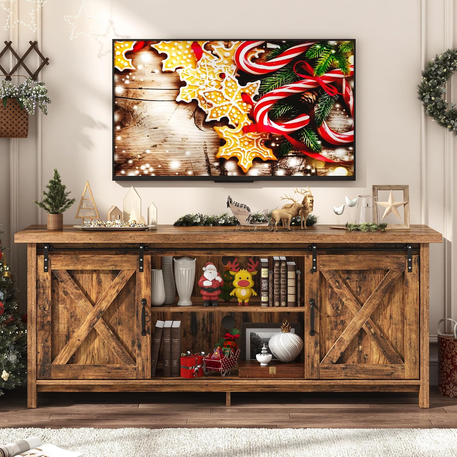 Farmhouse TV Stand for 65 Inch TV with Sliding Barn Door, Rustic Wood Entertainment Center Large Media Console Cabinet Long Television Stands,Console Table and Media Furniture for Living Room(Brown)