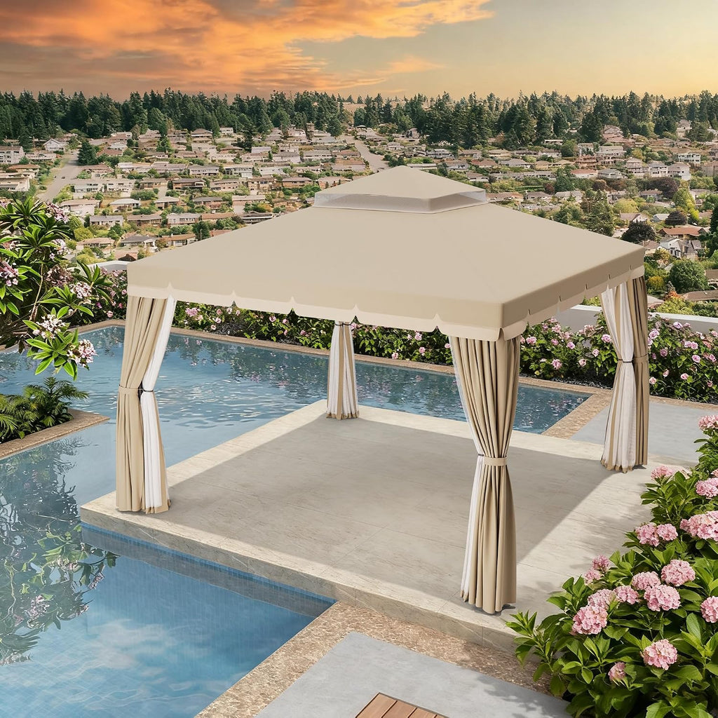 Incbruce Outdoor 10x10 FT Garden Gazebo, Steel Vented Double Roof Patios Canopy, Outside Gazebo with Mosquito Netting for Backyard, Lawns, Party (Beige)