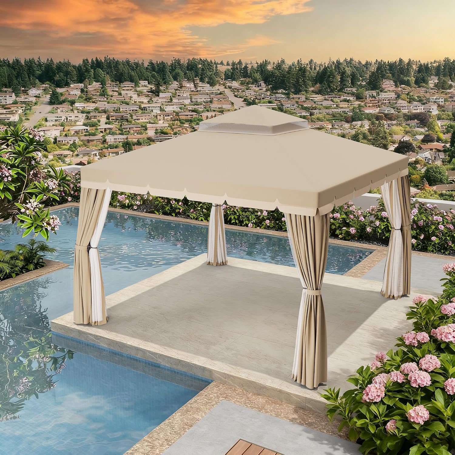Incbruce Outdoor 10x10 FT Garden Gazebo, Steel Vented Double Roof Patios Canopy, Outside Gazebo with Mosquito Netting for Backyard, Lawns, Party (Beige)