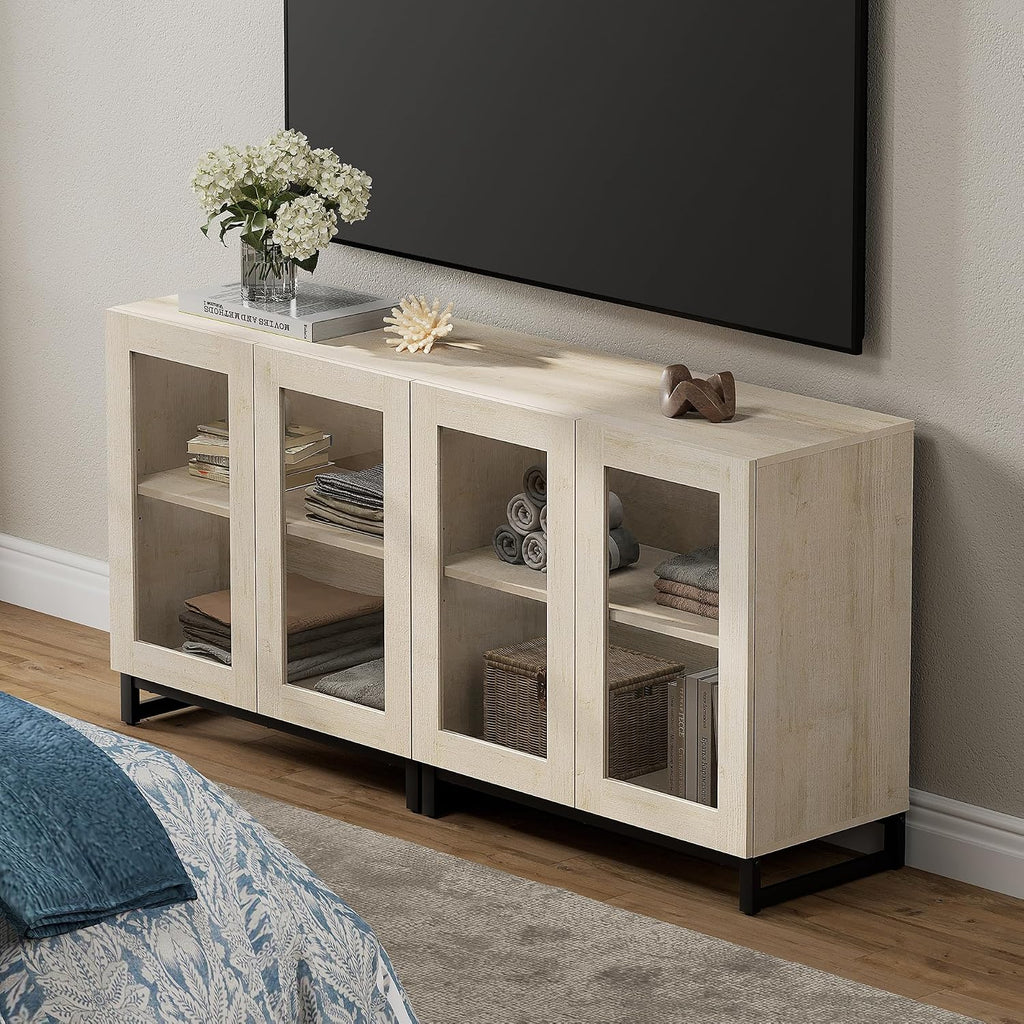 WAMPAT Modern TV Stand with Glass Doors for 40-70 inch TVs, 2 in 1 Entertainment Center Console with Adjustable Shelves and Metal Base for Living Room, Bedroom, Beige