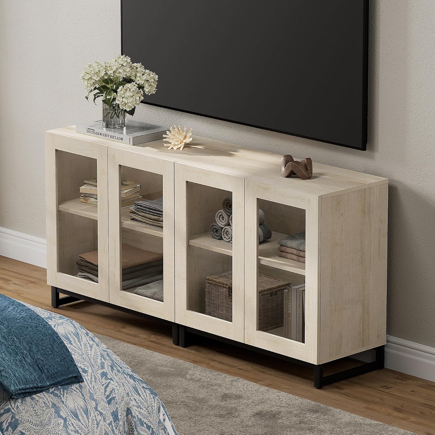 WAMPAT Modern TV Stand with Glass Doors for 40-70 inch TVs, 2 in 1 Entertainment Center Console with Adjustable Shelves and Metal Base for Living Room, Bedroom, Beige