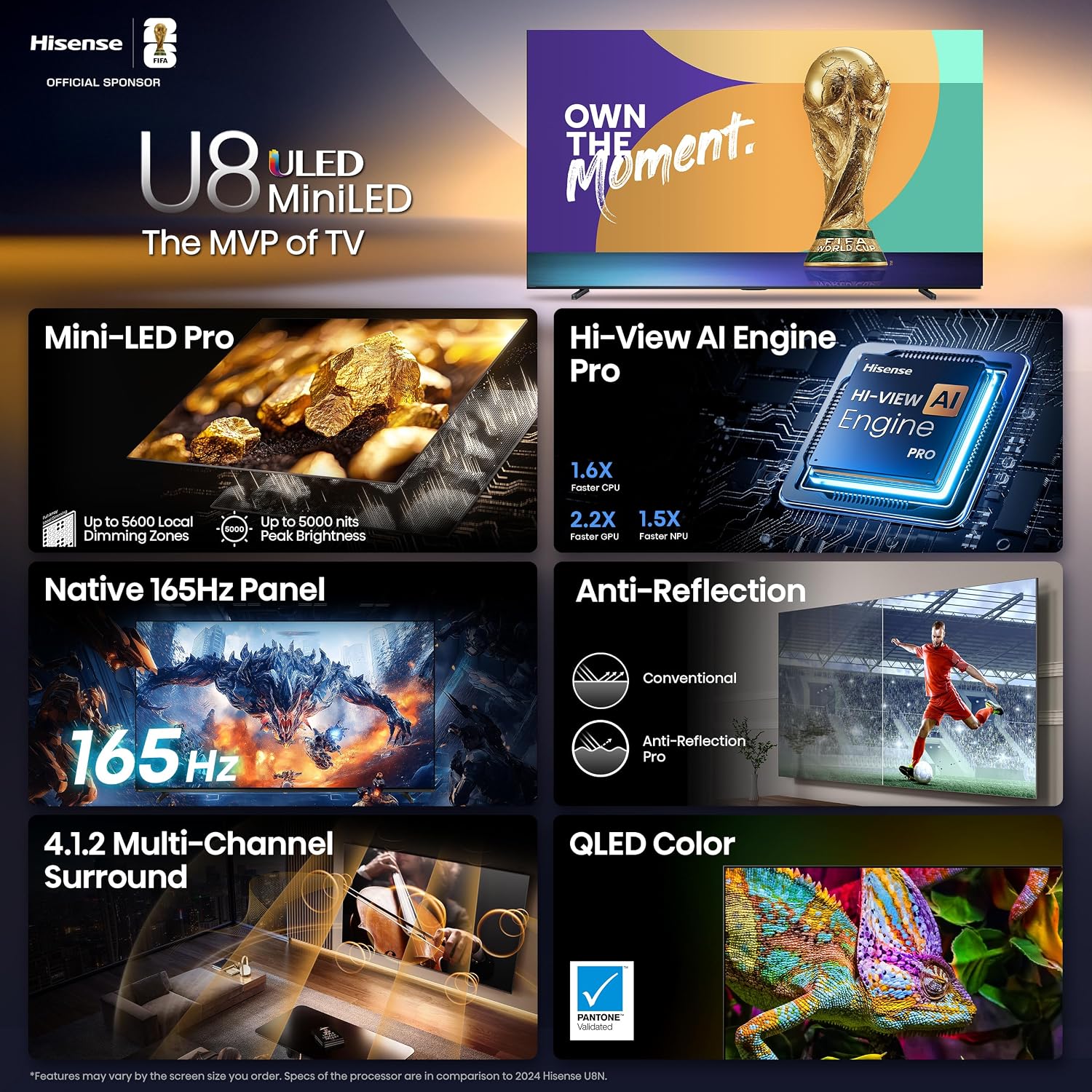 Hisense 100' Class U8 Mini-LED ULED 4K UHD Google Smart TV (100U8QG, 2025 Model) - QLED, Native 165Hz, VRR 288, Up to 5000 Nits, HDR10+, Dolby Vision IQ · Atmos, IMAX Enhanced, 4.1.2 Ch Surround