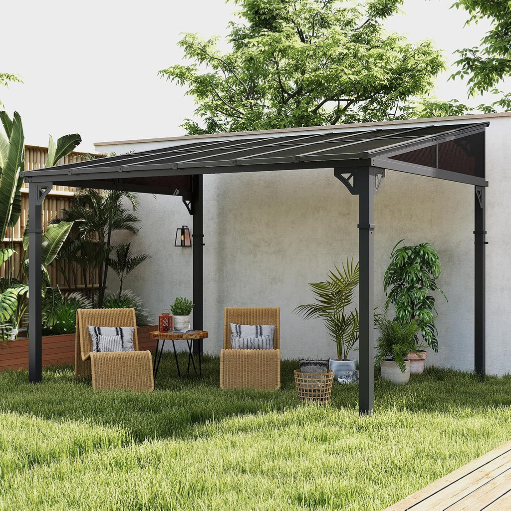 10x12FT Wall-Mounted Gazebo with Sloped Polycarbonate Roof, Heavy Duty Pergola for Patio, Backyard, or Deck, Modern Outdoor Shade Solution