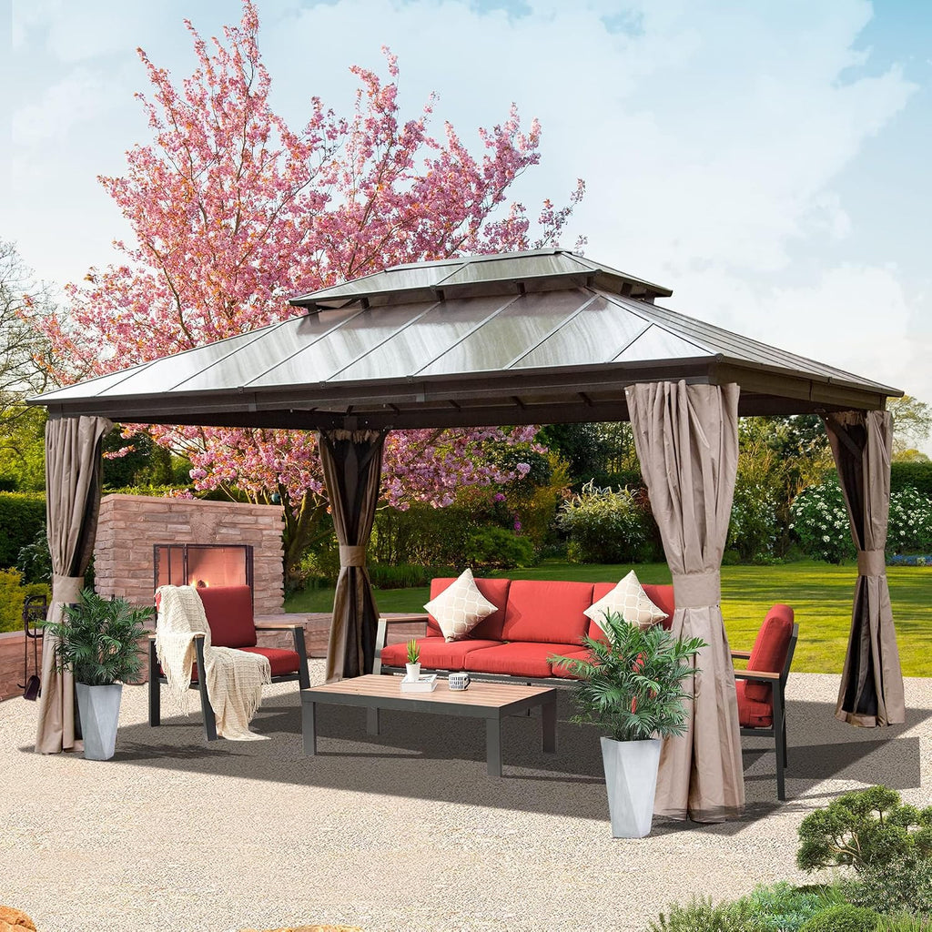 Domi Hardtop Gazebo 12X16FT, Outdoor Aluminum Gazebo with Polycarbonate Double Roof, Curtain and Netting,Permanent Pavilion for Patio Deck,Backyard, Brown