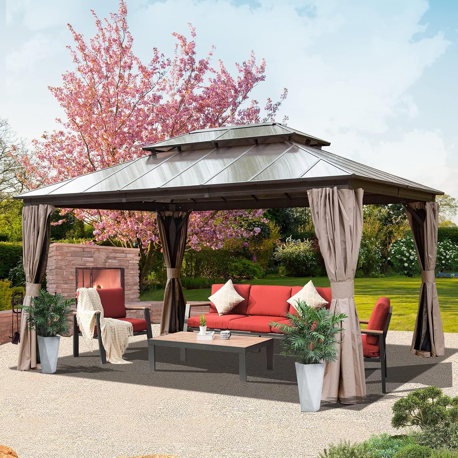 Domi Hardtop Gazebo 12X16FT, Outdoor Aluminum Gazebo with Polycarbonate Double Roof, Curtain and Netting,Permanent Pavilion for Patio Deck,Backyard, Brown