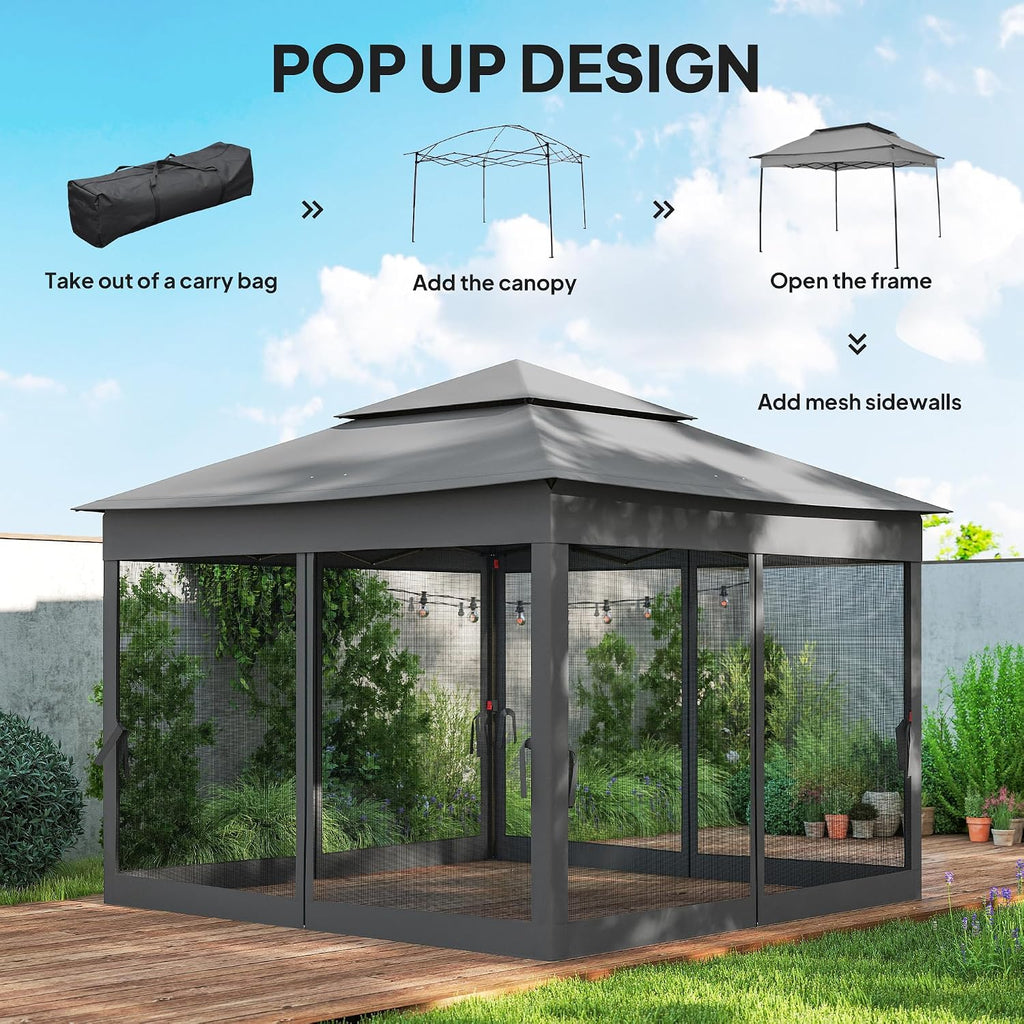 Outsunny 11' x 11' Pop Up Canopy, Outdoor Patio Gazebo Shelter with Removable Zipper Netting, Instant Event Tent w/ 114 Square Feet of Shade and Carry Bag for Backyard, Garden, Dark Gray