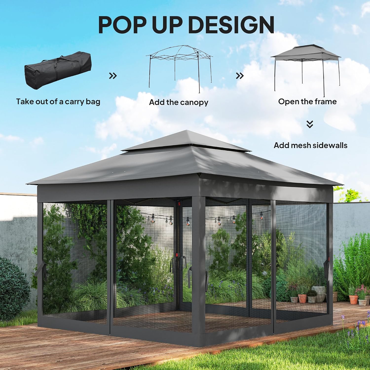 Outsunny 11' x 11' Pop Up Canopy, Outdoor Patio Gazebo Shelter with Removable Zipper Netting, Instant Event Tent w/ 114 Square Feet of Shade and Carry Bag for Backyard, Garden, Dark Gray