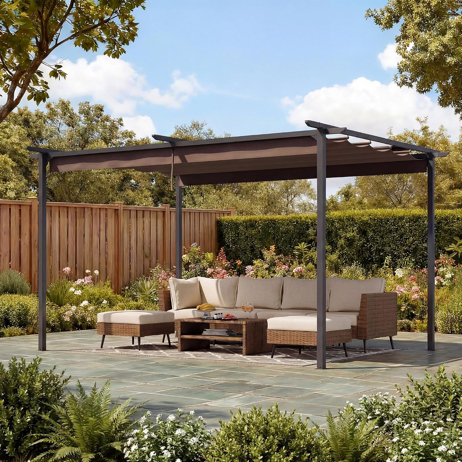 LAUSAINT HOME 10' x 13' Outdoor Retractable Pergola, Heavy-Duty Aluminum Pergola with Sun Shade Canopy for Garden, Backyard, Deck, Porch, Brown