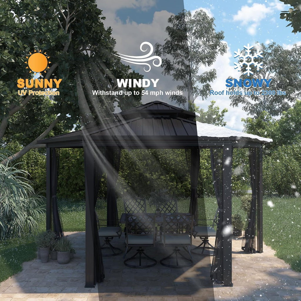 15x15FT Hexagon Hardtop Gazebo Heavy Duty Aluminum Frame Outdoor Gazebo Pergola Pavilion with Galvanized Steel Double Roof, Nettings & Ceiling Hook for Patio Backyard Deck Lawns