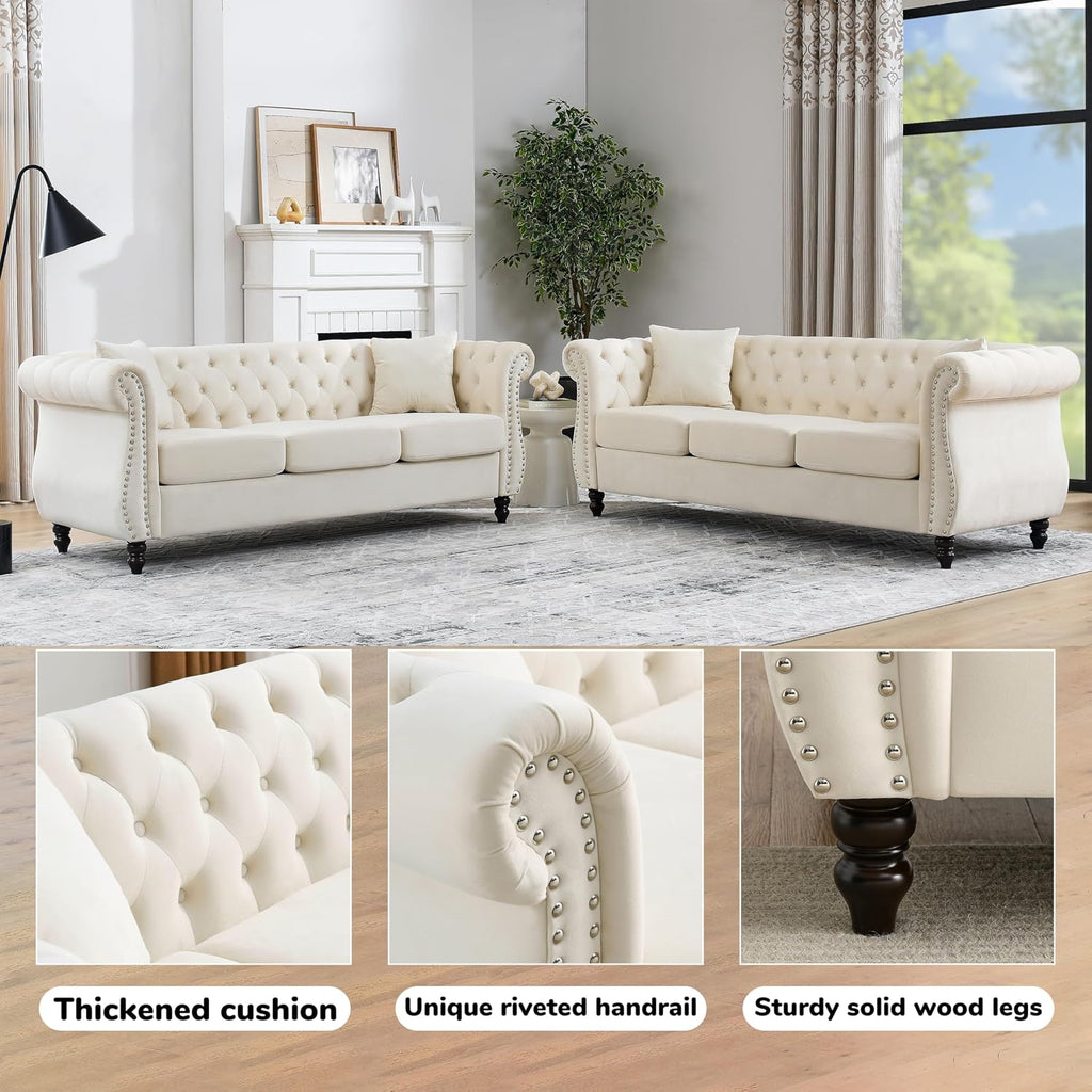 2 Piece Modern Beige Velvet 80' 3-Seater Sofa Sets, Upholstered Tufted Backrests with 8' Rolled Nailhead Arms, Combination Couch with 4 Pillows for Living Room
