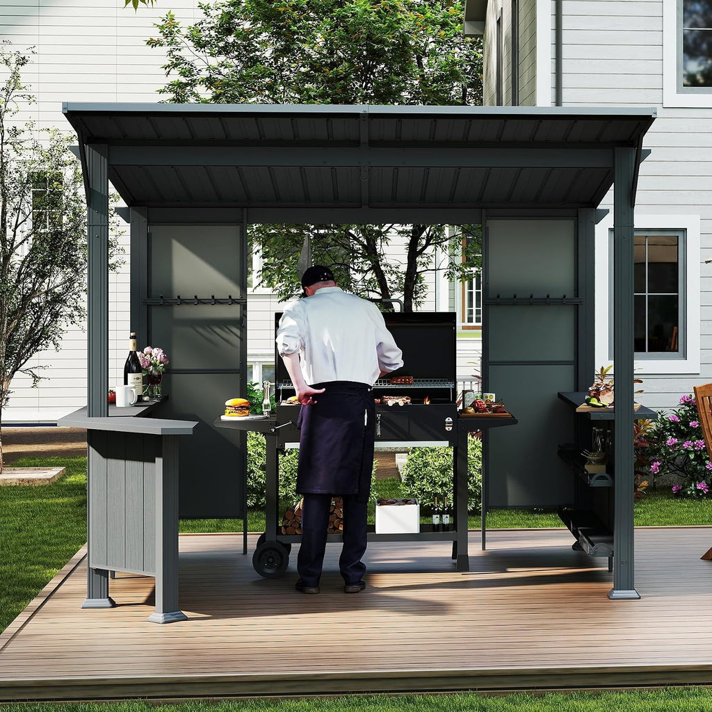 Domi 9x10FT Grill Gazebo Hardtop, BBQ Gazebo for Outdoor Grill with Storage Shelves and Expansion Platform, Metal Permanent Lean-to Canopy for Patio Backyard Lawn, Grey