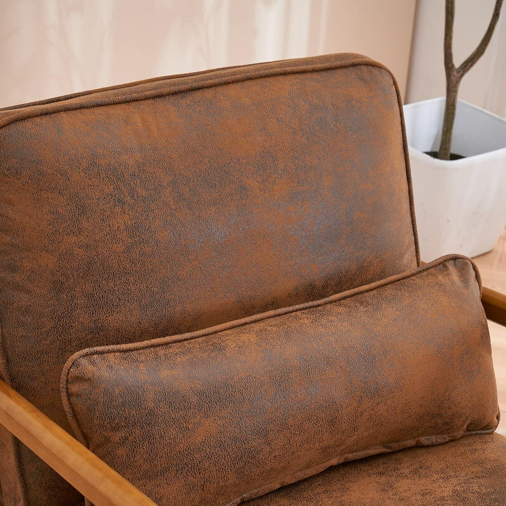 Karl home Accent Chair Mid-Century Modern Chair with Pillow Bronzing Cloth Upholstered Lounge Arm Chair with Solid Wood Frame & Soft Cushion for Living Room, Bedroom, Balcony, Brown
