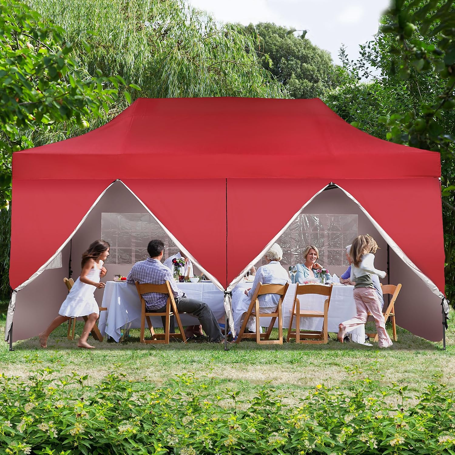 GDY 10'x20' Pop Up Canopy, Folding Party Tent with 6-Panel Removable Sidewalls, Heavy Duty Outdoor Commercial Instant Gazebo with Wheeled Bag, Red.